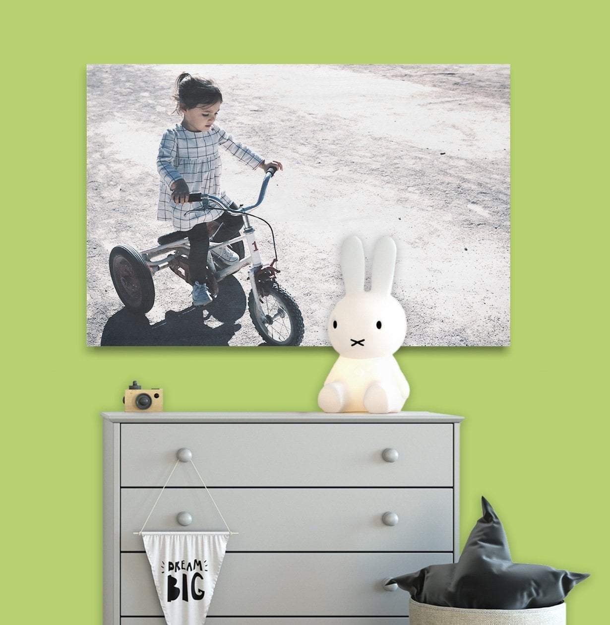 Photo of Girl on Bike Printed on Metal and Displayed in Bedroom